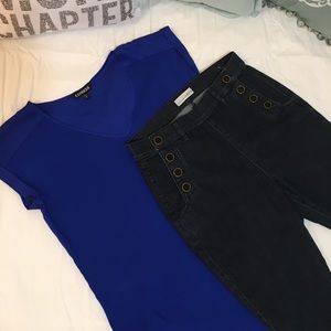 Express Blue Silky V-Neck Roll Sleeve Blouse